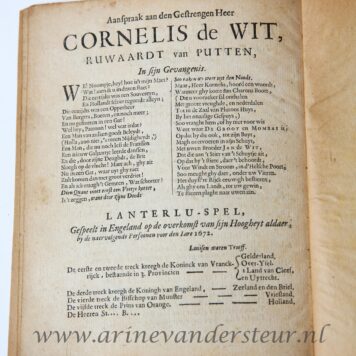 Echo's antwoort op de vragen van Cornelis De wit, ruart van Putten. Met een aanspraak aan de selve. Gedrukt voor de Louvesteynse factie, z.p., 1672. 4º: 4 p.