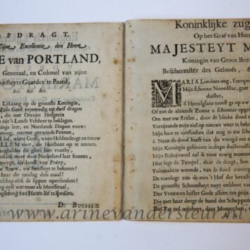 Engelands lijktranen, gestort op de uytvaart van de doorlugtige en grootmagtighste vorstin Maria stuart, koninginne van Groot Brittanje, etc. etc., gehouden den 15 Maart 1695. 's-Gravenhage, 1695. 4º: 8 p. Kort afgesneden met verlies van enkele letters.