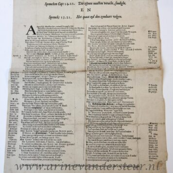 [Poem 1695] Leugen-straf. Spreucken Cap. 14.21. Die zijnen naasten veracht, sondight, en, spreuck 13.21. Het quaat zal den zondaars volgen. z.p., z.j. [in potlood: 1695]. Plano, 1 blad (beschadigd op vouwen).