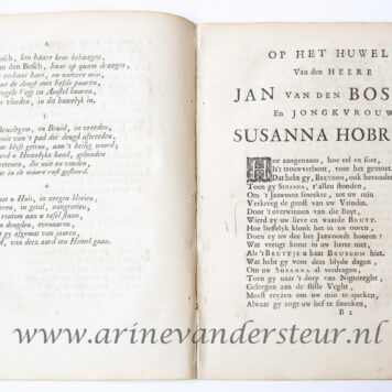 Bruilofts-zangen op het huwelijk van den heere Jan Van den bosch en Jongkvrouwe Susanna Hobrink, vereenigt te Nigtevecht, den 17den van hooimaand des jaars 1712. z.p. 4º: [20] p.