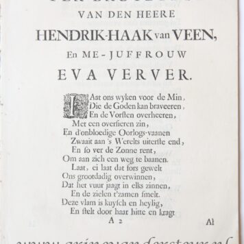 Ter bruylofte van den Heere Hendrik Haak van veen en Juffrouw Eva Verver, in den echt verknogt op den 26 van louwmaand des jaars 1716. z.p. 4º. Incompleet, slechts de eerste 8 p. aanwezig.