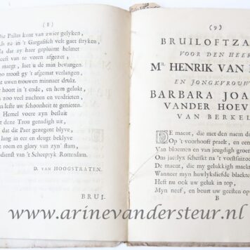 Bruiloftzangen voor Mr. Henrik Van hees, schepen der stadt Rotterdam en Barbara Joanna Van der hoeven van berkel. Rotterdam, Joannes Hofhout, 1716. 4º: 15 p.