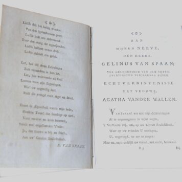 Zilveren trouwgezangen bij het 25-jarig huwelijk van ... Gelinus Van spaan en Vrouwe Agatha Van der wallen, in den echt verëend te Rotterdam op den 7 van grasmaend des jaars 1756 en gevierd op den 7 dierzelver maend des jaers 1781. z.p. 8º: [32] p.