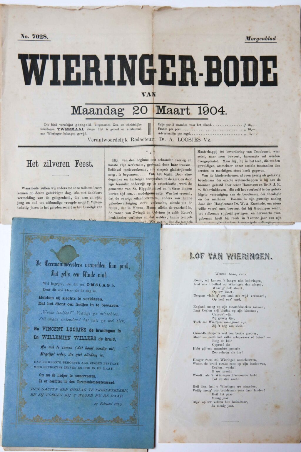 [Diverse verzen, menu, omslagen (ook voor feest van 5 maart 1879), Leiden des jungen Vincentetc. betr. het huwelijk tussen Vincent Loosjes en Willemina Willers].