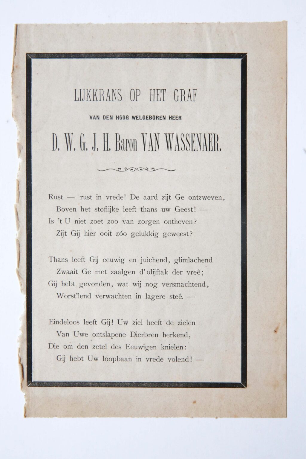 Lijkkrans op het graf van den hoog welgeboren heer D.W.G.J.H. baron Van wassenaer. z.p. 8º: [1] p.