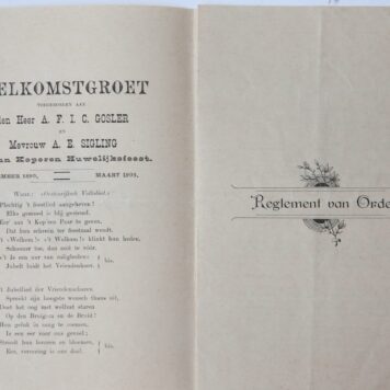 Reglement van orde uitgevaardigd ter gelegenheid van de plechtige viering van het koperen huwelijksfeest van ... A.F.I.C. Gosler en ... A.E. Sigling, te Haarlem september 1890 - maart 1903. z.p. 8º: [4] p. MET: Welkomstgroet. [3] p.