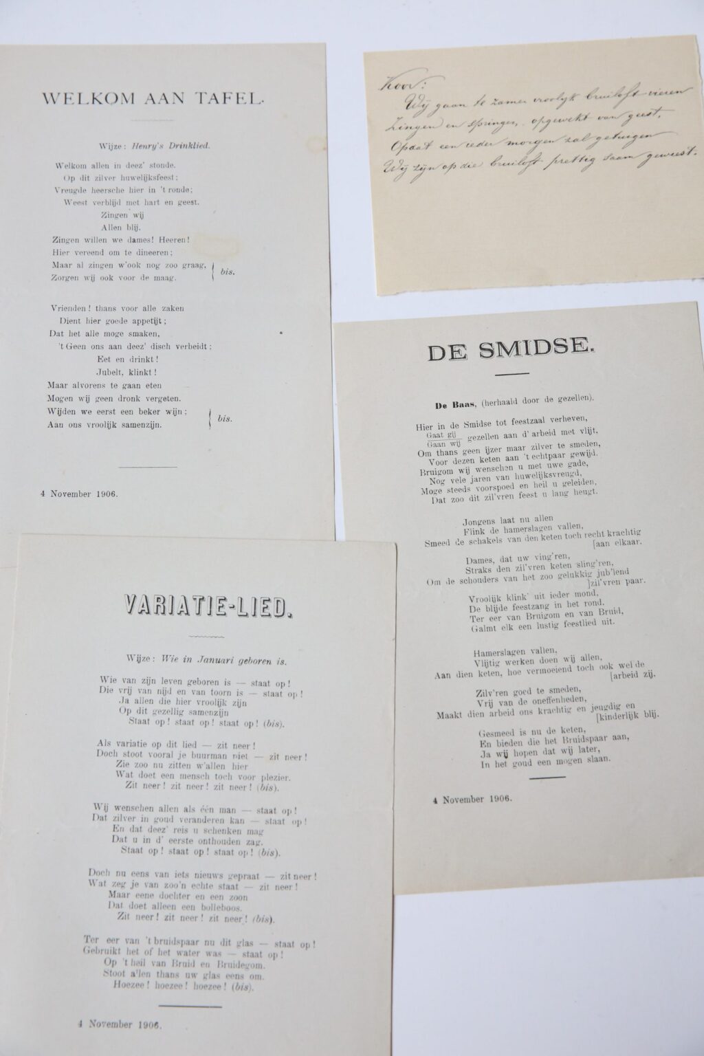 [Vier liederen op de bruiloft van NN met NN] dd 4 November 1906. z.p. 8º: [4] p.