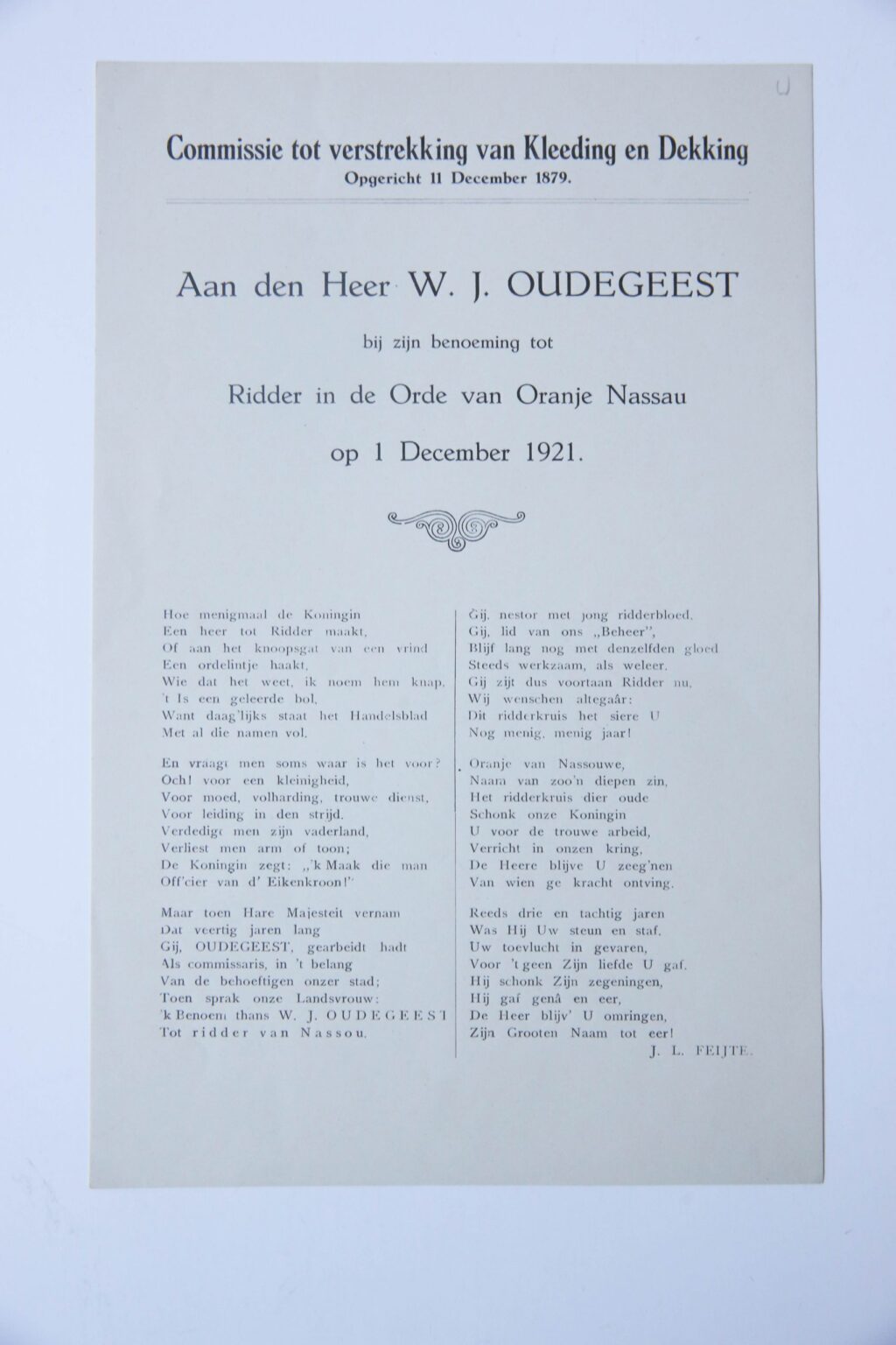 Aan den Heer W.J. Oudegeest bij zijn benoeming tot Ridder in de orde van Oranje Nassau op 1 december 1921.. z.p. 4º: [1] p.