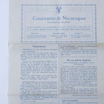 Courantio di Nicaragua. Extra nummer ter gelegenheid van het 50-jarig jubileum van Z.E. den minister van Financiën Hesselius. z.p. Plano, 1 p., tweezijdig bedrukt.