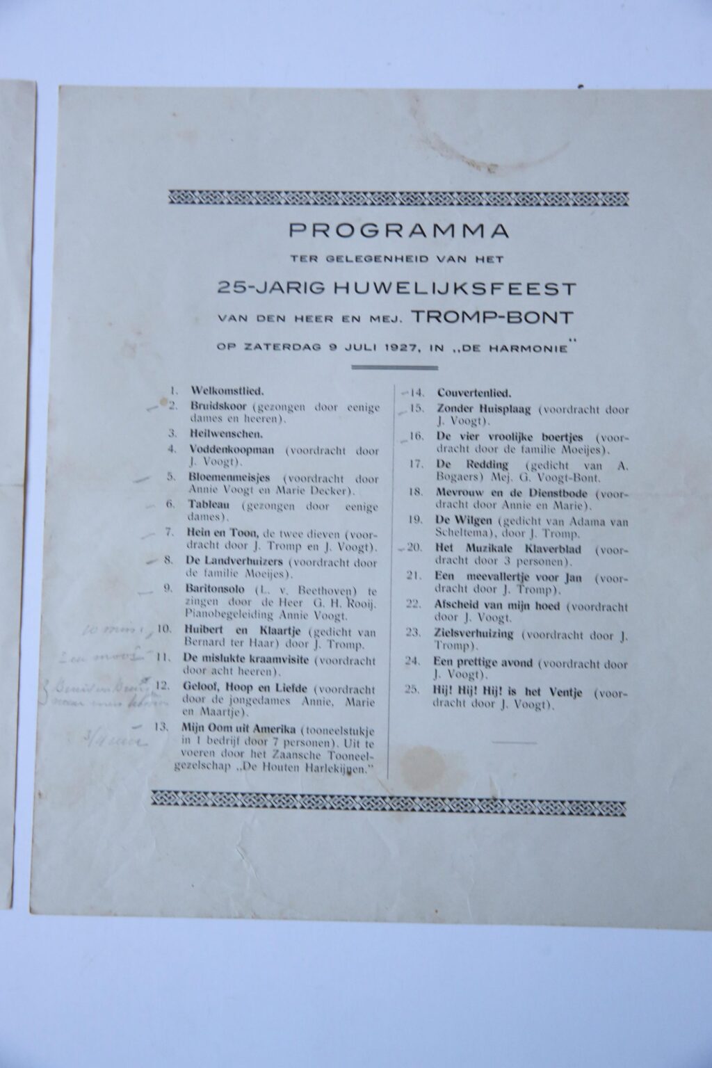 Programma t.g.v. het 25-jarig huwelijksfeest van den heer en mej. Tromp-bont op Zaterdag 9 juli 1927 in De Harmonie. 4º:[1] p.