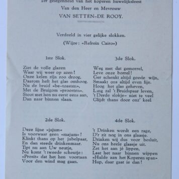 Drinklied ter gelegenheid van het koperen huwelijksfeest van den Heer en Mevrouw Van setten-de rooy, Amsterdam 22 maart 1931. z.p. 8º: [1] p.
