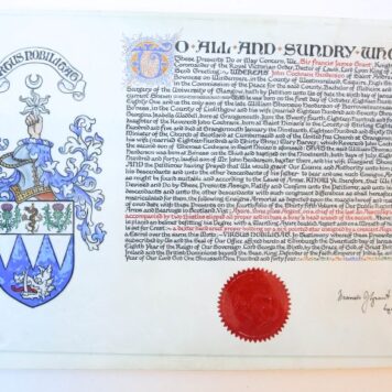 Grant of arms donated by Sir Francis James Grant, Lord Lyon King of Arms, to John Cochrane Henderson of St. Andrew's, Bowness on Windermere (1881-?) Esquire, High Sherrif and in the commission of the peace County of Westm