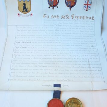 Grant of arms donated by Alfred Scott-Galty, Garter King-of Arms, to Christopher Furness, first Baron Furness of Grantley (23 April 1852 - 10 November 1912), British businessman and liberal politician.
