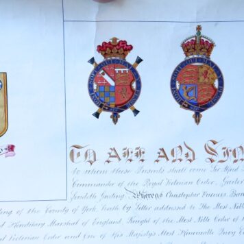 Grant of arms donated by Alfred Scott-Galty, Garter King-of Arms, to Christopher Furness, first Baron Furness of Grantley (23 April 1852 - 10 November 1912), British businessman and liberal politician.