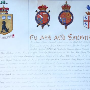 Grant of arms donated by Alfred Scott-Galty, Garter King-of Arms, to Christopher Furness, first Baron Furness of Grantley (23 April 1852 - 10 November 1912), British businessman and liberal politician.