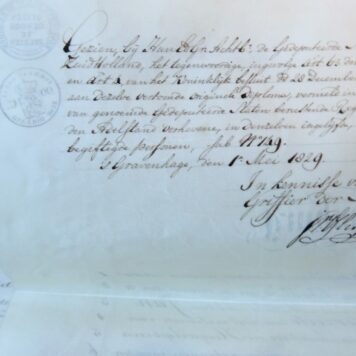 Patent of nobility donated by King William I of The Netherlands (1772-1843) to Jonkheer Theodorus van Herzeele (1781-1866), lawyer in The Hague (Den Haag) son of Jan Jacob van Herzeele and Rachel Haganaeus (Haganeus) entitling him to the title of Baron.
