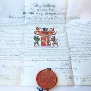 Patent of nobility donated by King William I of The Netherlands (1772-1843) to Jonkheer Theodorus van Herzeele (1781-1866), lawyer in The Hague (Den Haag) son of Jan Jacob van Herzeele and Rachel Haganaeus (Haganeus) entitling him to the title of Baron.
