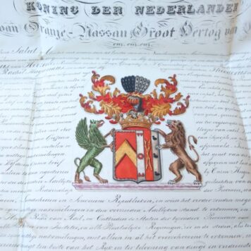 Patent of nobility donated by King William I of The Netherlands (1772-1843) to Jonkheer Theodorus van Herzeele (1781-1866), lawyer in The Hague (Den Haag) son of Jan Jacob van Herzeele and Rachel Haganaeus (Haganeus) entitling him to the title of Baron.