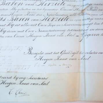 Patent of nobility donated by King William I of The Netherlands (1772-1843) to Jonkheer Theodorus van Herzeele (1781-1866), lawyer in The Hague (Den Haag) son of Jan Jacob van Herzeele and Rachel Haganaeus (Haganeus) entitling him to the title of Baron.