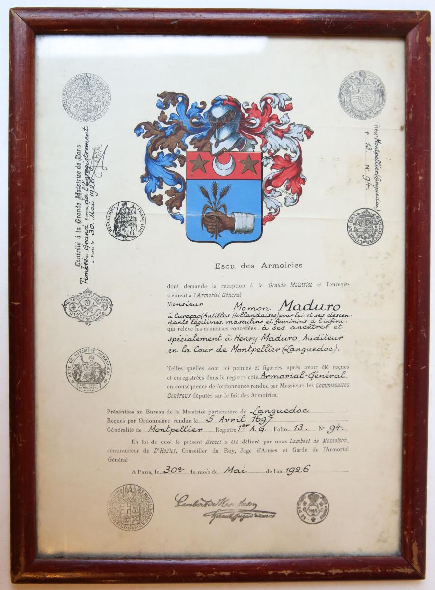 Grant of arms (Escu des Armories) donated by Lambert de Montoison to Momon Maduro of Curacao, Netherlands Antilles, to confirm his right and that of his descendants to the coat-of-arms donated to Henry Maduro on 5 April 1697.