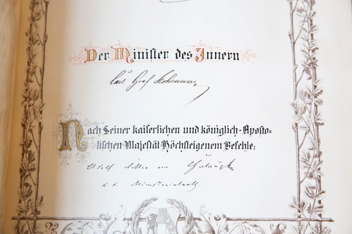 Patent of nobility donated by Emperor Franz Joseph I (1830-1916) to Wasa Ritter von Stoikovics (Kubin, Hungary 1808-?) for his loyal services at the siege of Ofen (Budapest) in 1849.