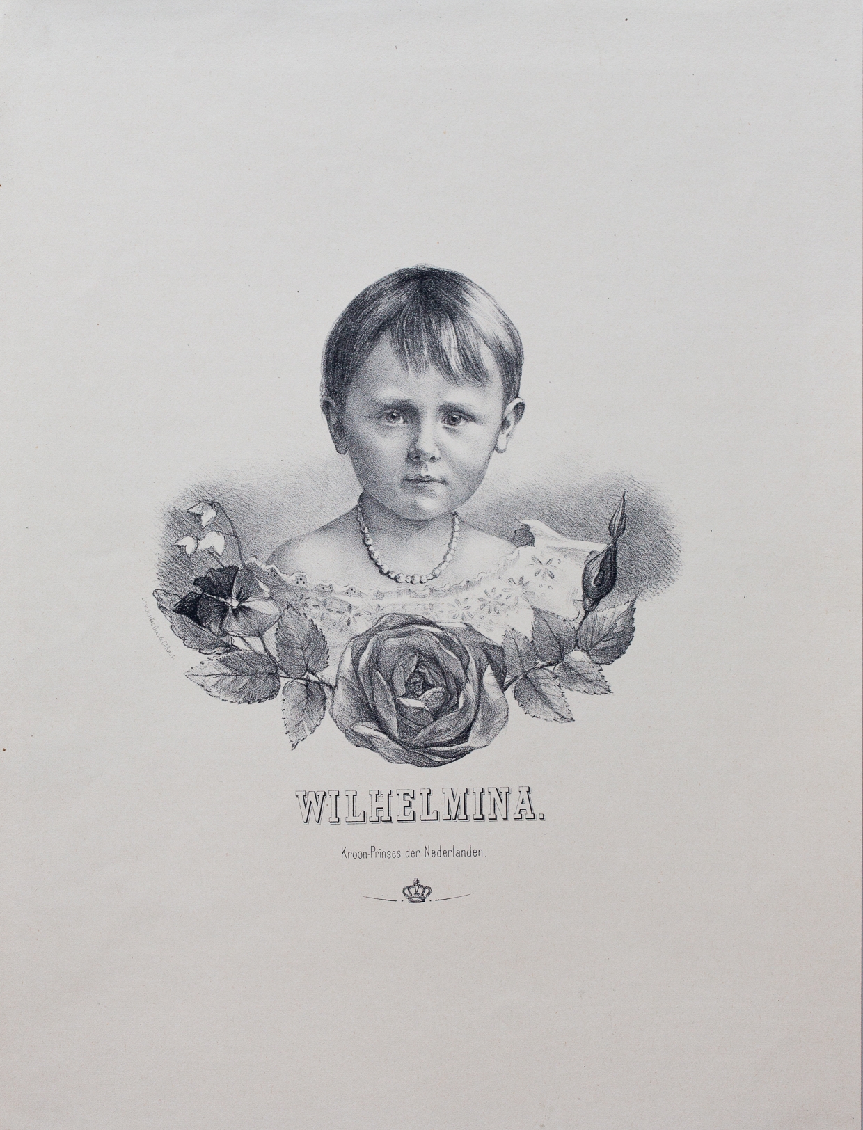 Wilhelmina. Kroon-Prinses der Nederlanden. Lithografie, 31x24cm. Portrait of Wilhelmina, Crownprincess of The Netherlands.