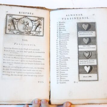 [Literature, love, [ca 1721]] Eeuwigduurende Liefdes almanak, zinnebeeldig, volgens den algemeenen Almanaks-trant, de wisselvalligheden der minnaeren, die in alle liefde-jaeren voorvallen, aanwyzende. Te Cyprus by Philander Mirtello, in den Mirteboom. [Leiden?], z.n., 1721. [Gebonden met:] Sleutel op den eeuwigduurenden liefdes almanak, die alhoewel door den heer Van Twist alleen zinspeelig, op zig zelf en zijn vryagie gemaakt is, evenwel voor een generaalen almanak der liefde kan werden geleezen en verstaan, z.p., z.j.