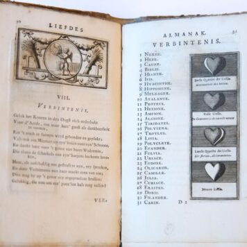 [Literature, love, [ca 1721]] Eeuwigduurende Liefdes almanak, zinnebeeldig, volgens den algemeenen Almanaks-trant, de wisselvalligheden der minnaeren, die in alle liefde-jaeren voorvallen, aanwyzende. Te Cyprus by Philander Mirtello, in den Mirteboom. [Leiden?], z.n., 1721. [Gebonden met:] Sleutel op den eeuwigduurenden liefdes almanak, die alhoewel door den heer Van Twist alleen zinspeelig, op zig zelf en zijn vryagie gemaakt is, evenwel voor een generaalen almanak der liefde kan werden geleezen en verstaan, z.p., z.j.