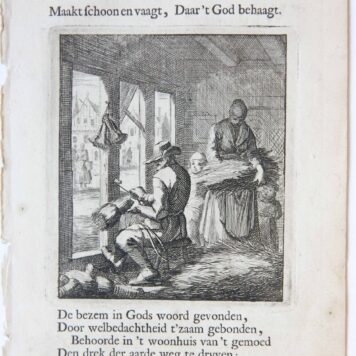 [Antique print, etching] De Bezemmaaker/The Broom Maker, published ca. 1718.