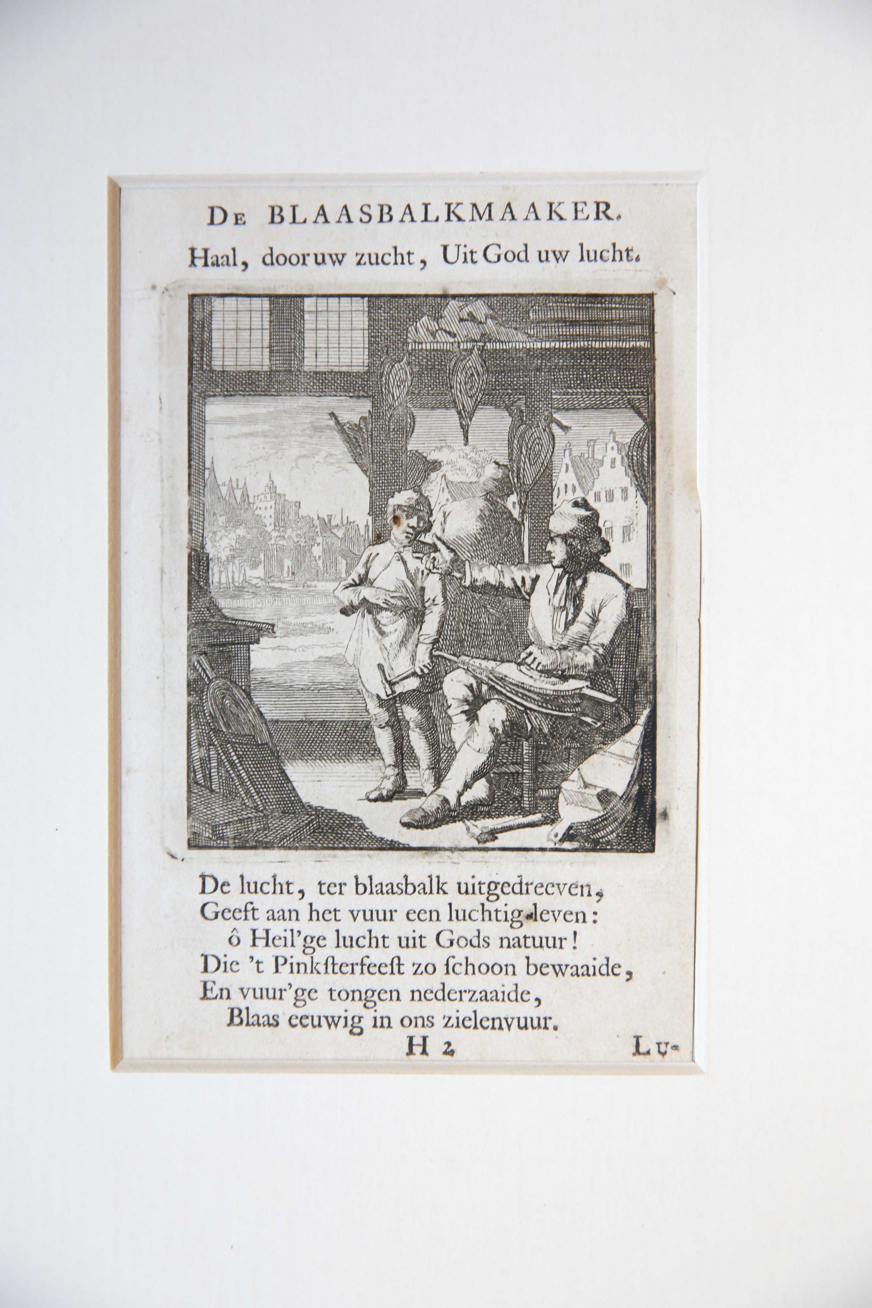 [Antique print, etching] De Blaasbalkmaaker/The Bellows Maker, published 1718.