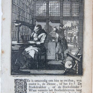 Antique print/originele prent: De Boekebinder (The Bookbinder/boekbinder).