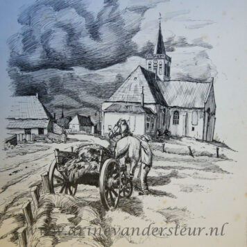 TEXEL, OUDE SCHILD, BOERS--- Pentekening door F.J.D. Boers, 29x24 cm., van de kerk te Oude Schild op Texel, met een boerenkar op de voorgrond, 20e eeuw.