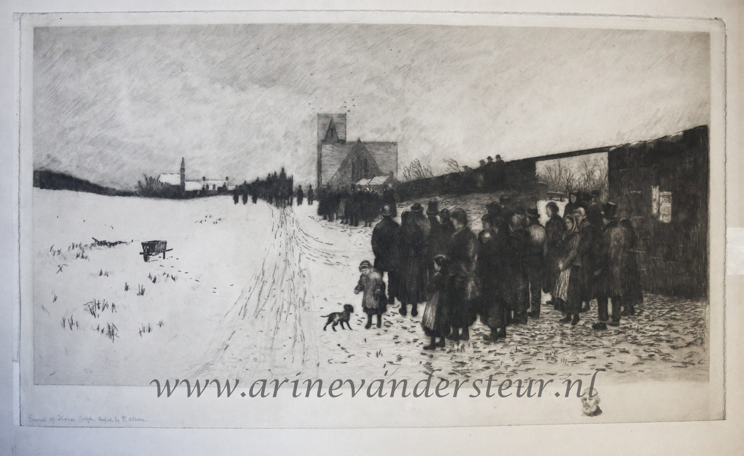 CARLYLE, ROBERT ALLAN--- Funeral of Thomas Carlyle in Ecclefechan (Scotland), etching, 1881, by Robert Allan, 30x52 cm.