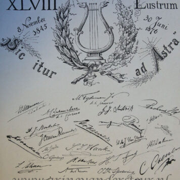 STUDENTEN, UTRECHT, MUZIEK--- Gedachtenisprent '48e Lustrum Sic itur ad astra 8-11-1845, 30-6-1876'. Litho van Grolman, 42x32 cm., met afb. van harp en handtekeningen, gedrukt.