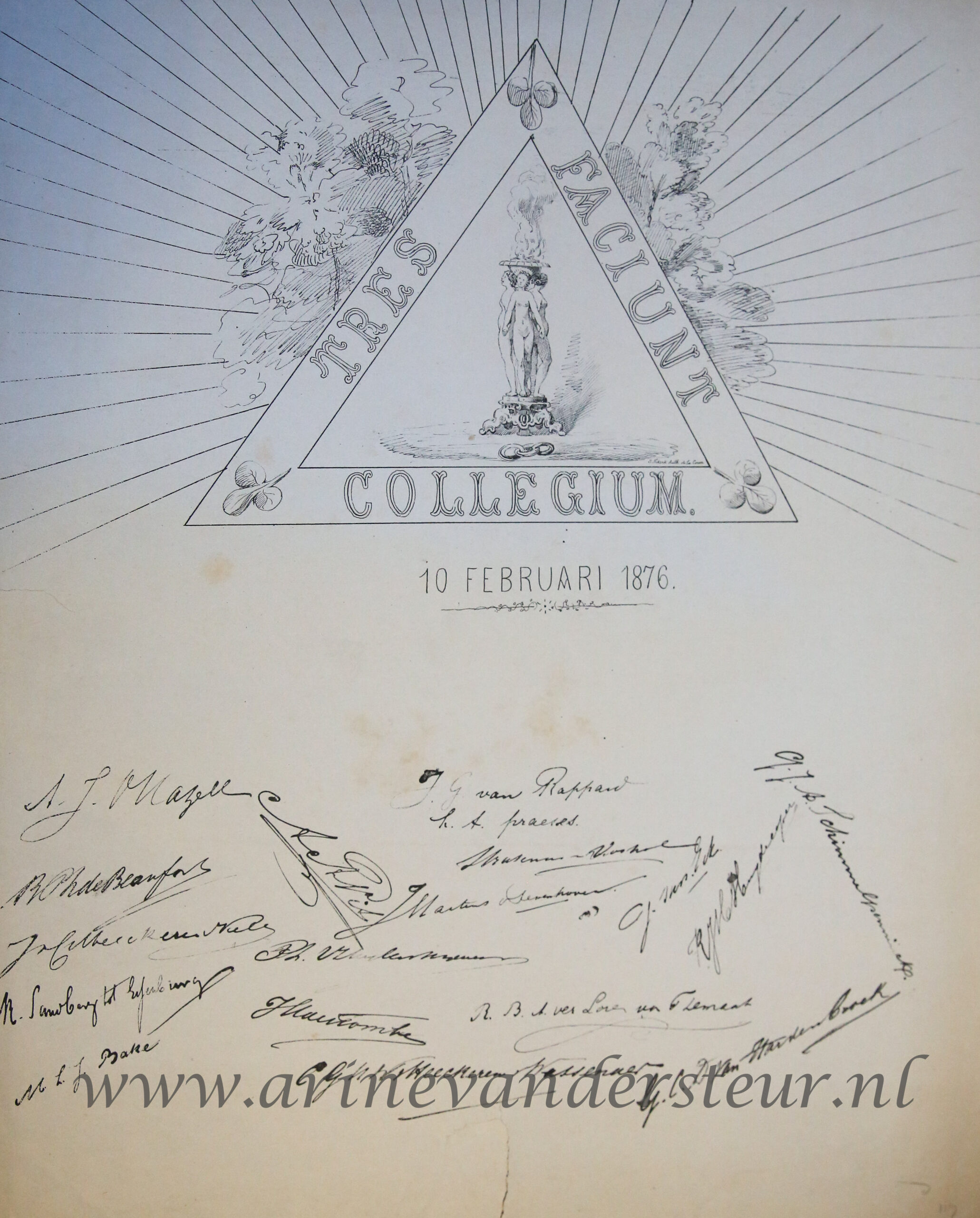 STUDENTEN, UTRECHT--- Gedachtenisprent 'Tres Faciunt Collegium 10-2-1876', litho door J. Nikerk, 58x48 cm., met driehoekige afbeelding en handtekeningen, gedrukt.