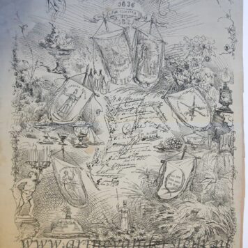 STUDENTEN, UTRECHT--- Gedachtenisprent '49e lustrum 29-6-1636-1881', litho Nikerk, 60x50 cm., met afbeeldingen van vaandels van andere studencorpora en handtekeningen. Gedrukt.