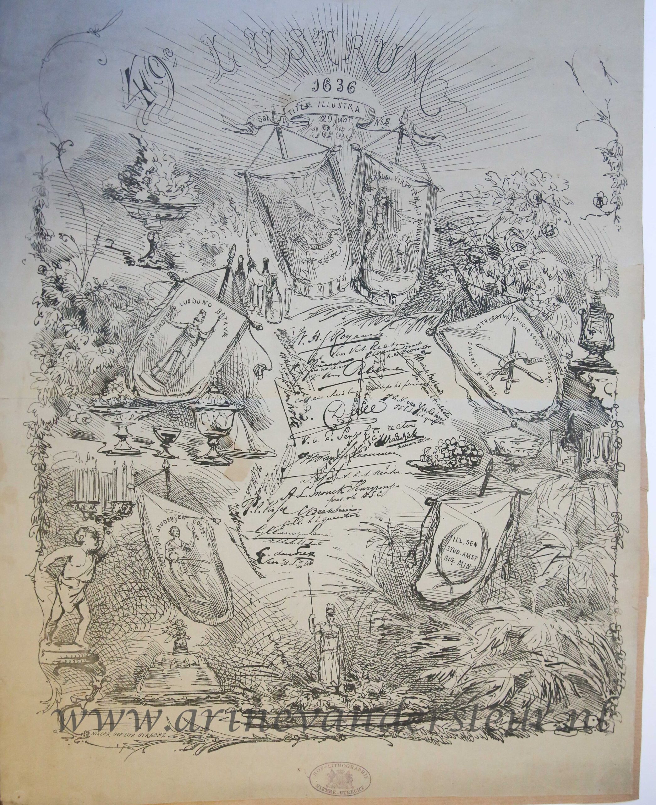  - STUDENTEN, UTRECHT--- Gedachtenisprent '49e lustrum 29-6-1636-1881', litho Nikerk, 60x50 cm., met afbeeldingen van vaandels van andere studencorpora en handtekeningen. Gedrukt.