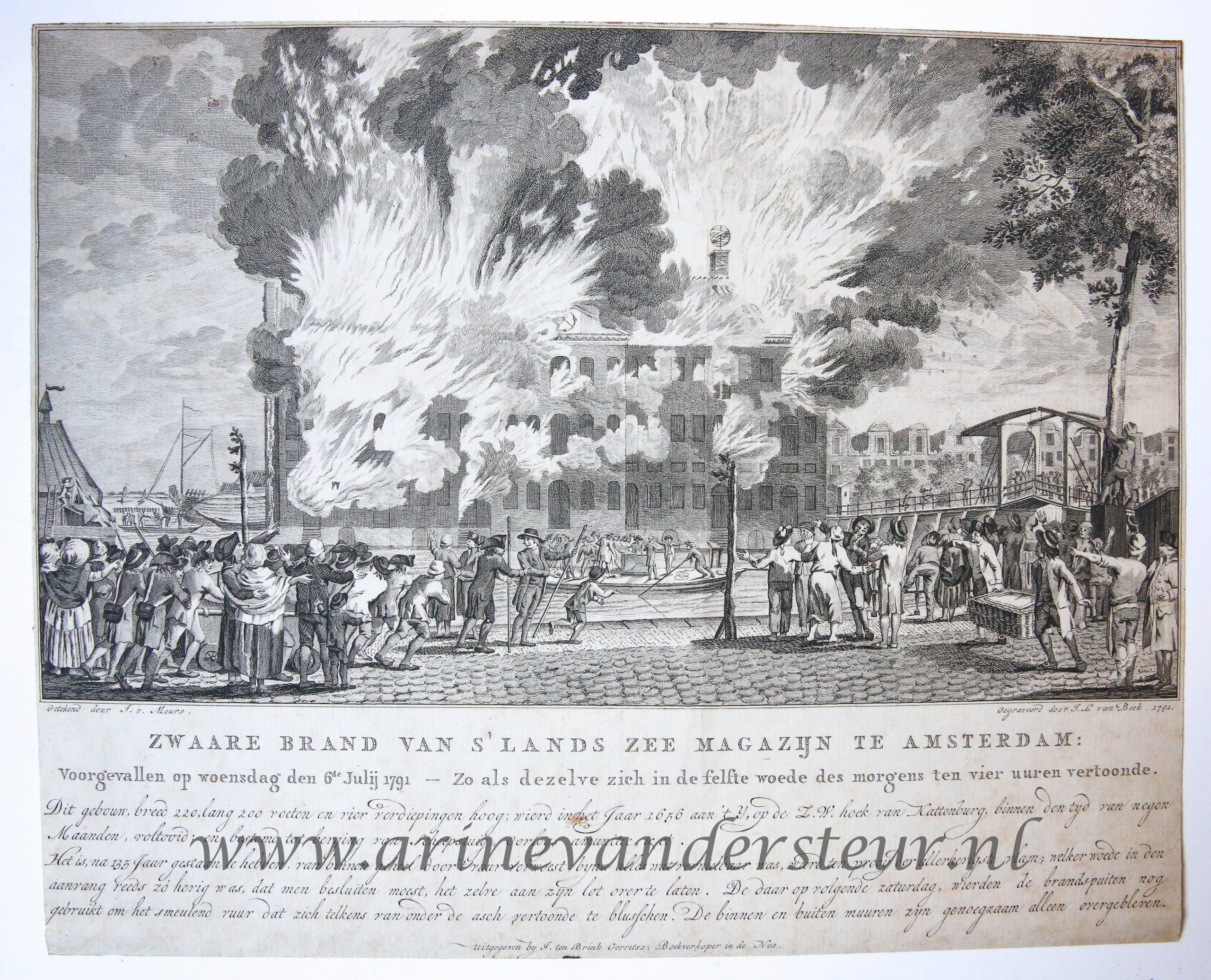  - BRAND, AMSTERDAM, ZEEMAGAZIJN--- Zwaare brand van 's lands zee magazijn te Amsterdam, voorgevallen 6-7-1791. Gravure, 24x30 cm., door J.L. van Beek naar J. v. Meurs, 1791.