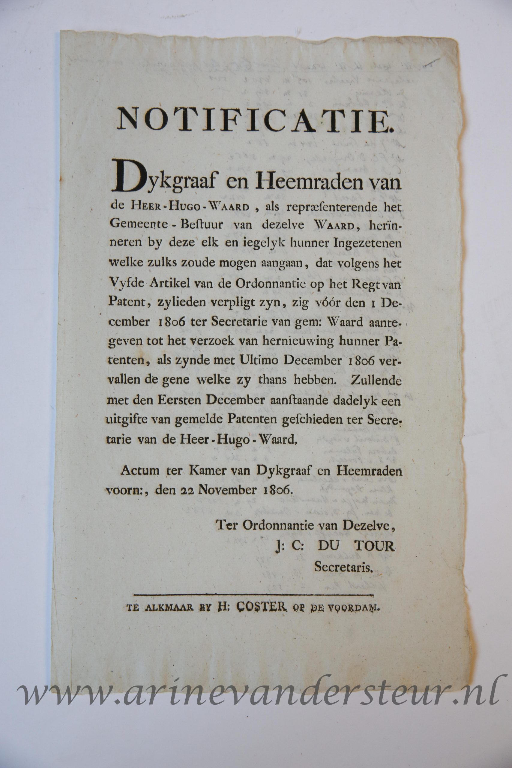  - HEERHUGOWAARD--- Notificatie van dykgraaf en heemraden van de Heer-Hugo-Waard, d.d. 22-11-1806, betr. recht van patent. 1 blad, plano, gedrukt (bij H. Coster te Alkmaar).