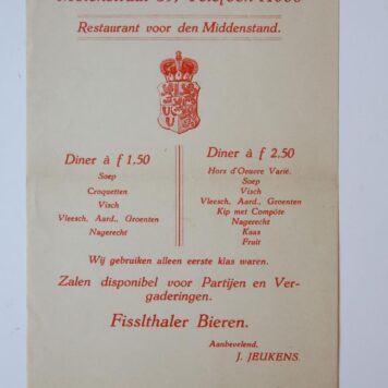 JEUKENS--- Reclamebiljet van restaurant Limburgia, Molenstraat 39 'Restaurant voor den middenstand'.