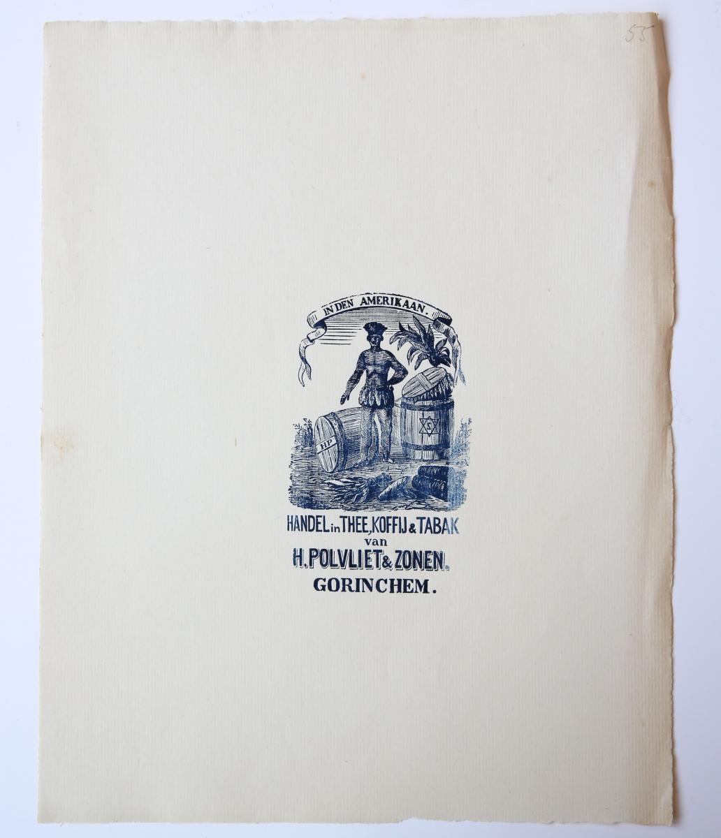  - POLVLIET, GORINCHEM Afdruk van een houtblok met het merk van `Handel in thee, koffij en tabak van H. Polvliet & Zonen, Gorinchem'. 19de-eeuws.