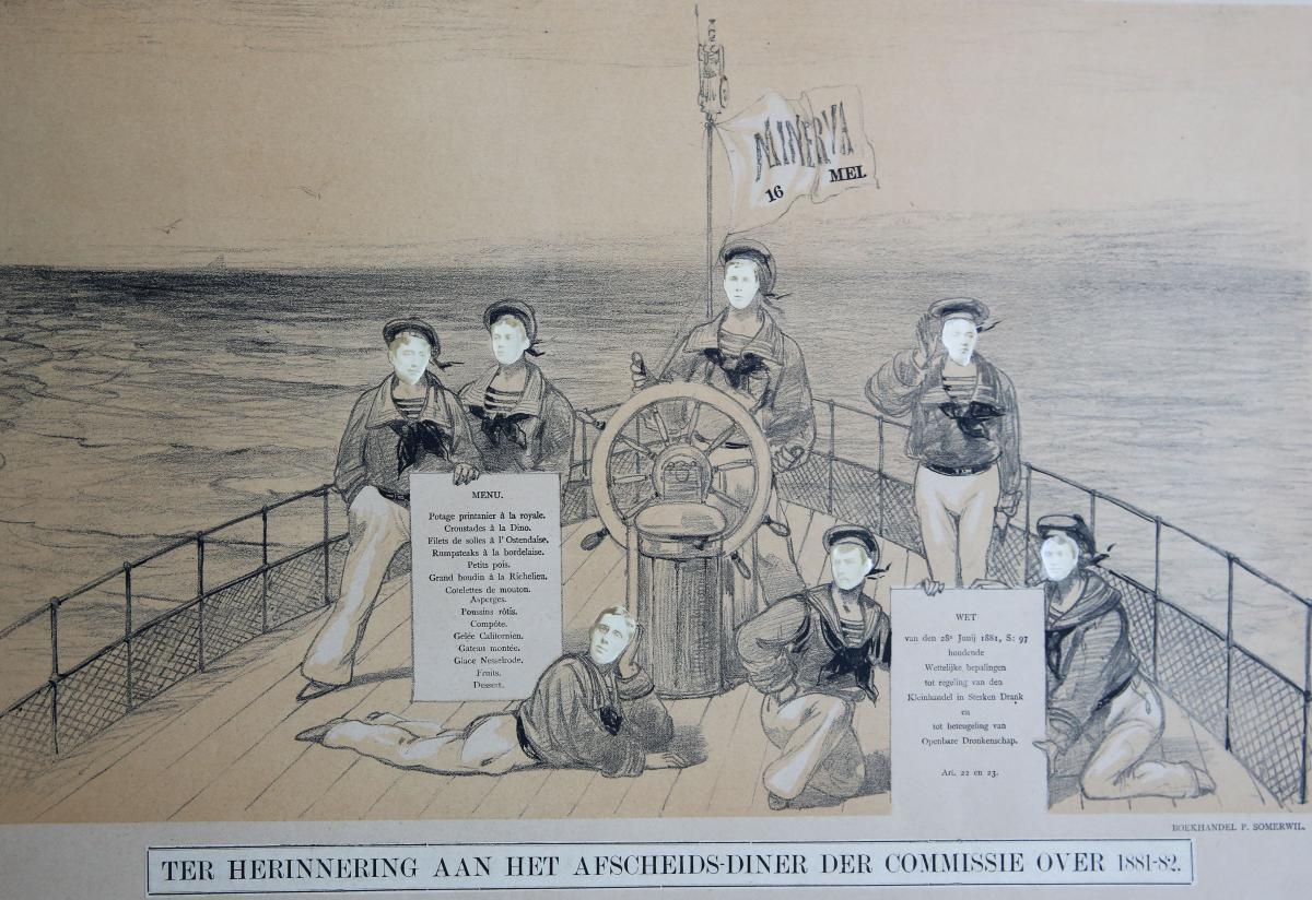 Vier menu's betr. de kroegcommissie van het Leids Studenten Corps, 1881-1882. Grote litho's (ca. 40x55 cm) van P. Somerwil (een enkele gesigneerd J.H.), voorstellende groepen personen in tramwagen, op schip, e.d. waarbij de zeven leden van de commissie steeds zijn voorzien van hun ingemonteerde portretfoto's.
