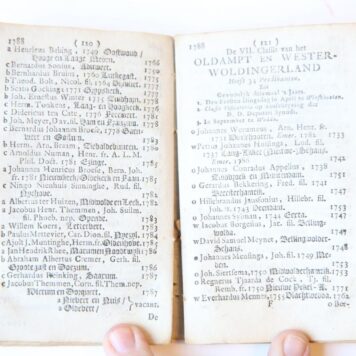 Naamregister der predikanten, zo van de Nederduitse als Walsche en Engelsche kerken... in de 7 provincien van Nederland, 's-Gravenhage, 1788, 231 + (5) pag., in perkamenten omslag.