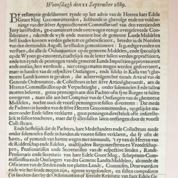 Pamphlet Extract uyt de Resolutien van de Heeren Staten van Hollandt ende West-Vrieslandt, in haer Edele Groot Mog. Vergaderinge genomen op Woonsdagh den 21 September 1689, 1p.