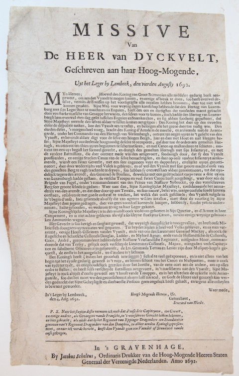 Missive van de heer van Dyckvelt, Geschreven aan haar Hoog-Mogende, Uyt het Leger by Lembeek, den vierden Augusy 1692.