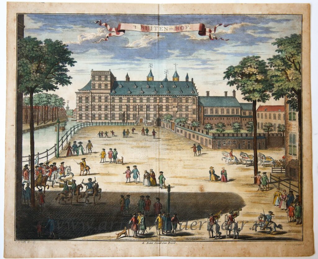 [Antique print, handcolored etching] 't BUITEN-HOF (Buitenhof Den Haag), published ca. 1735.