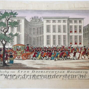 [Antique print, handcolored etching] Inhaaling van ZYNE DOORLUCHTIGE HOOGHEID WILLEM den V, published ca. 1787-1790.