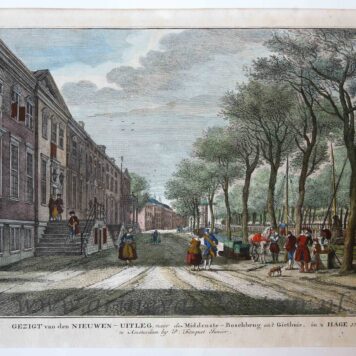 [Antique print, handcolored etching] GEZIGT van de NIEUWEN-UITLEG, naer de Middenste-Boschbrug en 't Giethuis (Nieuwe Uitleg Den Haag), published in 's HAGE 1764.