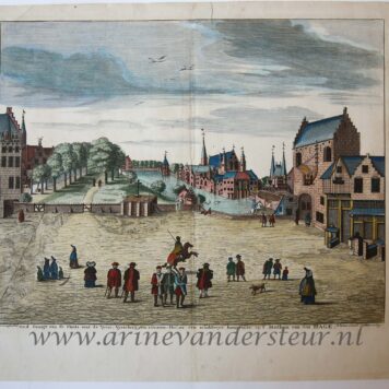 [Antique print, handcolored etching] Oud Gezigt van de Plaats over de Vyver, Vyverberg en 's-Gravenhof... (Vijverberg Den Haag), published ca. 1730-39.