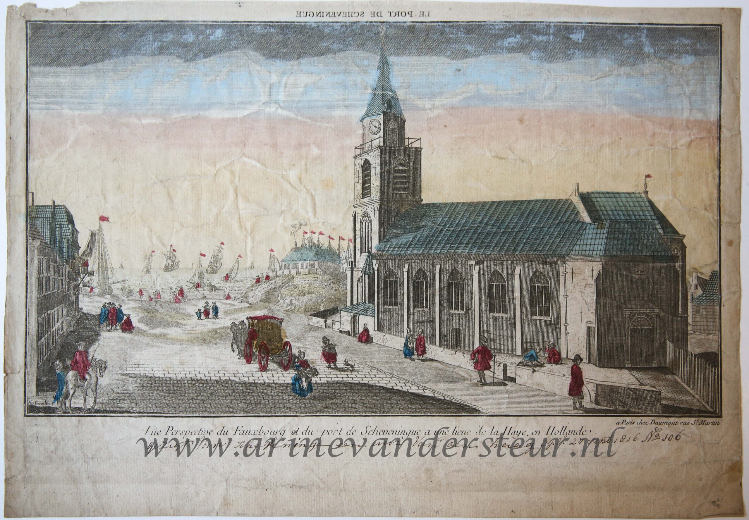  - [Handcolored Opticaprent/Optical view The Hague/Den Haag] LE PORT DE SCHEVENINGUE (Haven van Scheveningen, Oude Kerk Keizerstraat 8 Scheveningen), published ca. 1770.